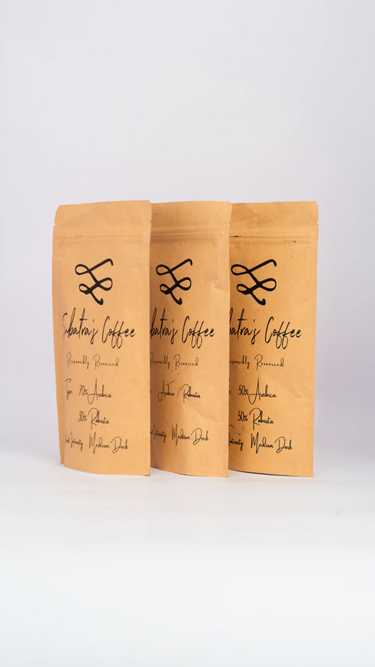 Three brown paper coffee bags with black text on a white background