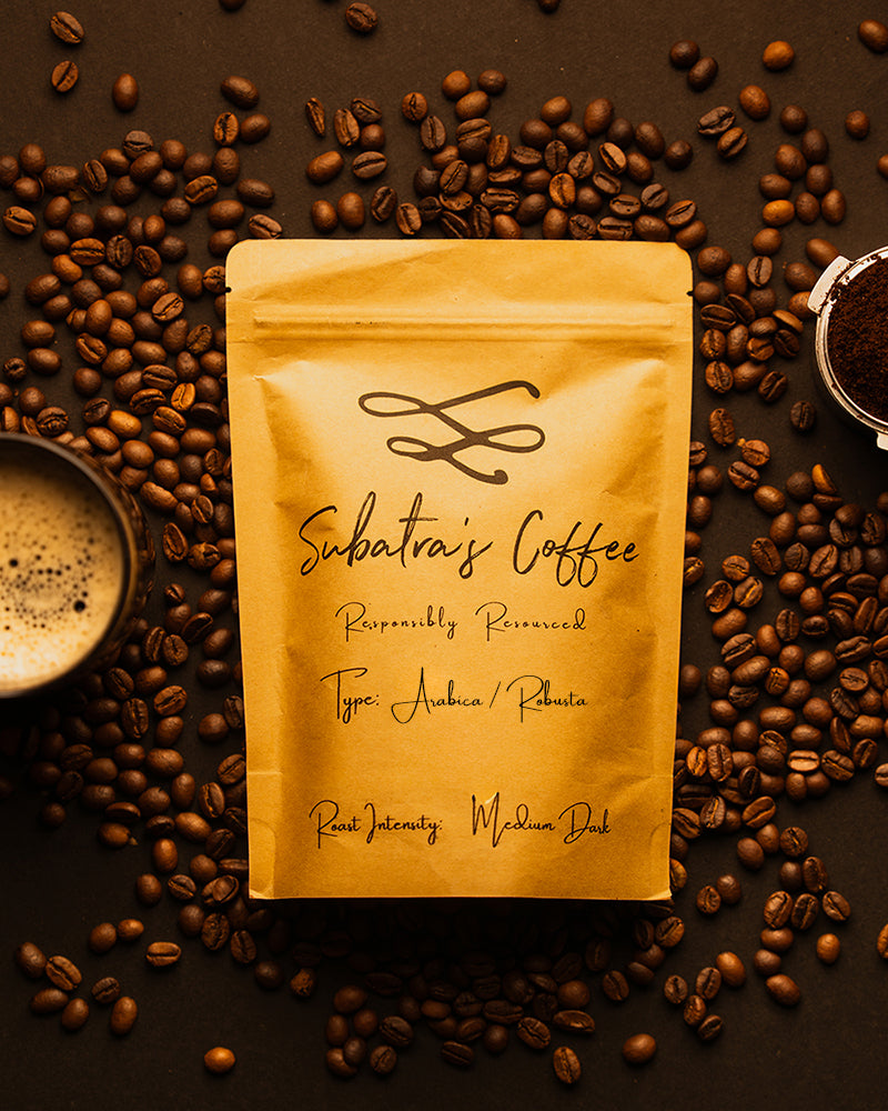 Subatra's Coffee 100% Arabica Medium Dark Roast whole coffee beans, front of pack